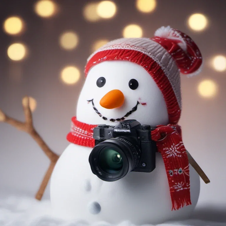 snowman with camera and garland