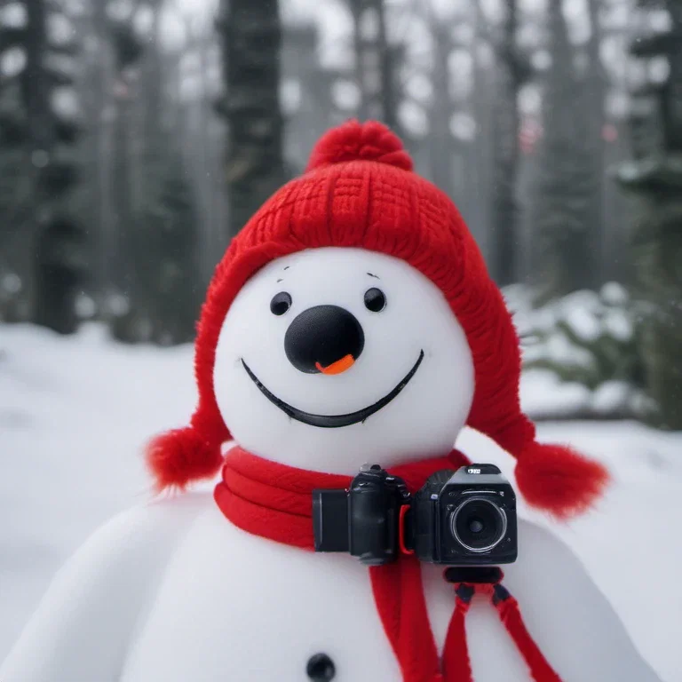 snowman with red cap and camera