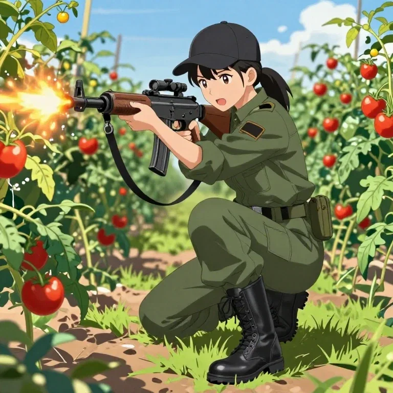 anime soldier firing rifle in tomato field
