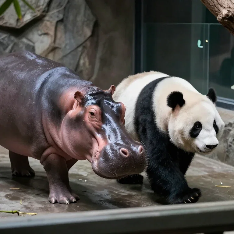 hippopotamus panda walking in tank