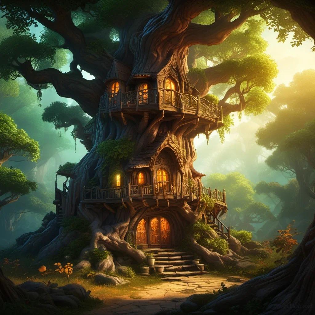 fantasy art intricate elven treehouse ancient oak