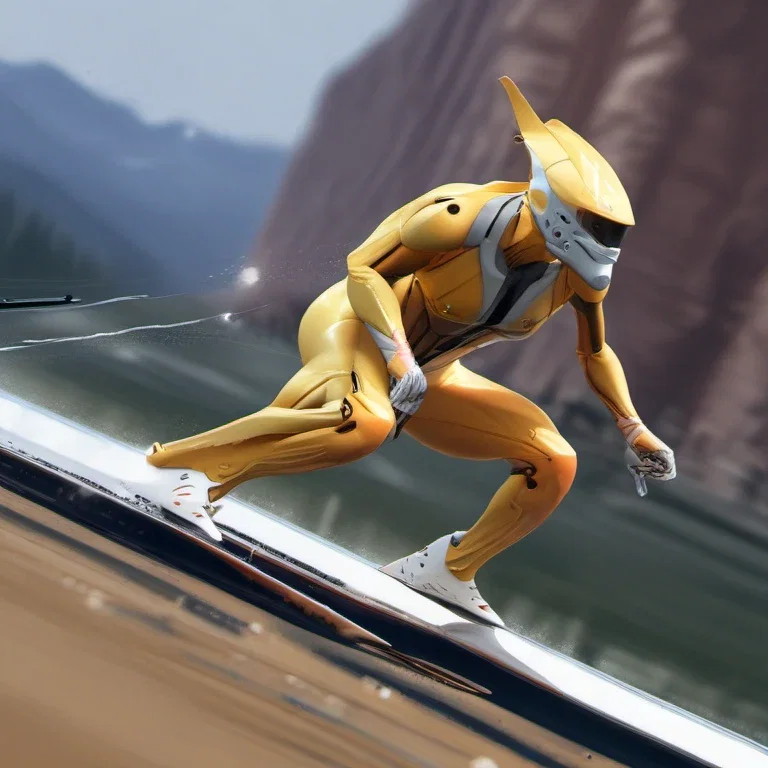 humanoid crouching with fins on speed skis