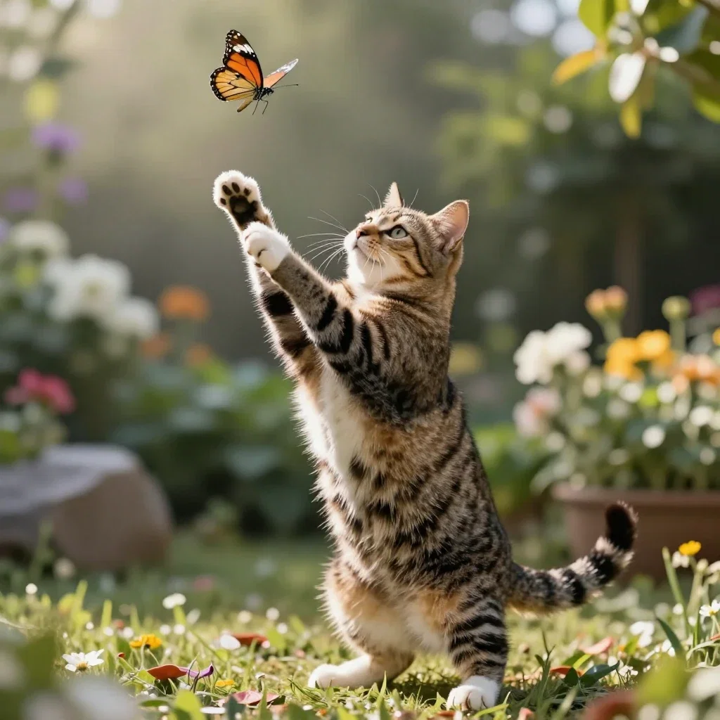 cat stretches towards butterfly in garden