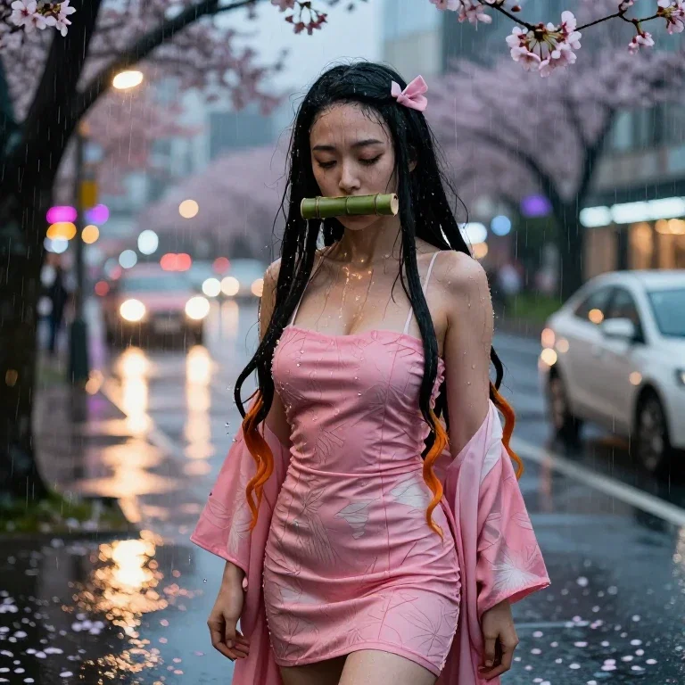 nezuko kamado style portrait in rain