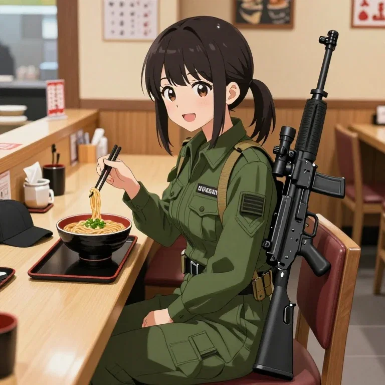 anime girl military outfit eating soba