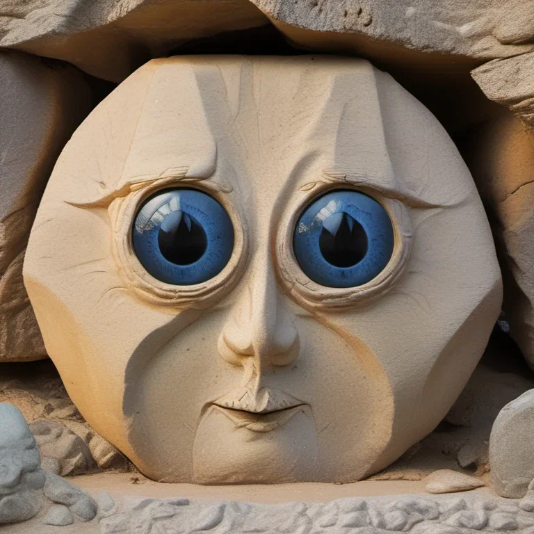 two large triangular eyes carved in crystal rock