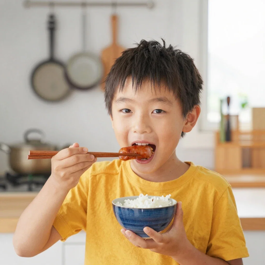 japanese boy eating sausage with rice