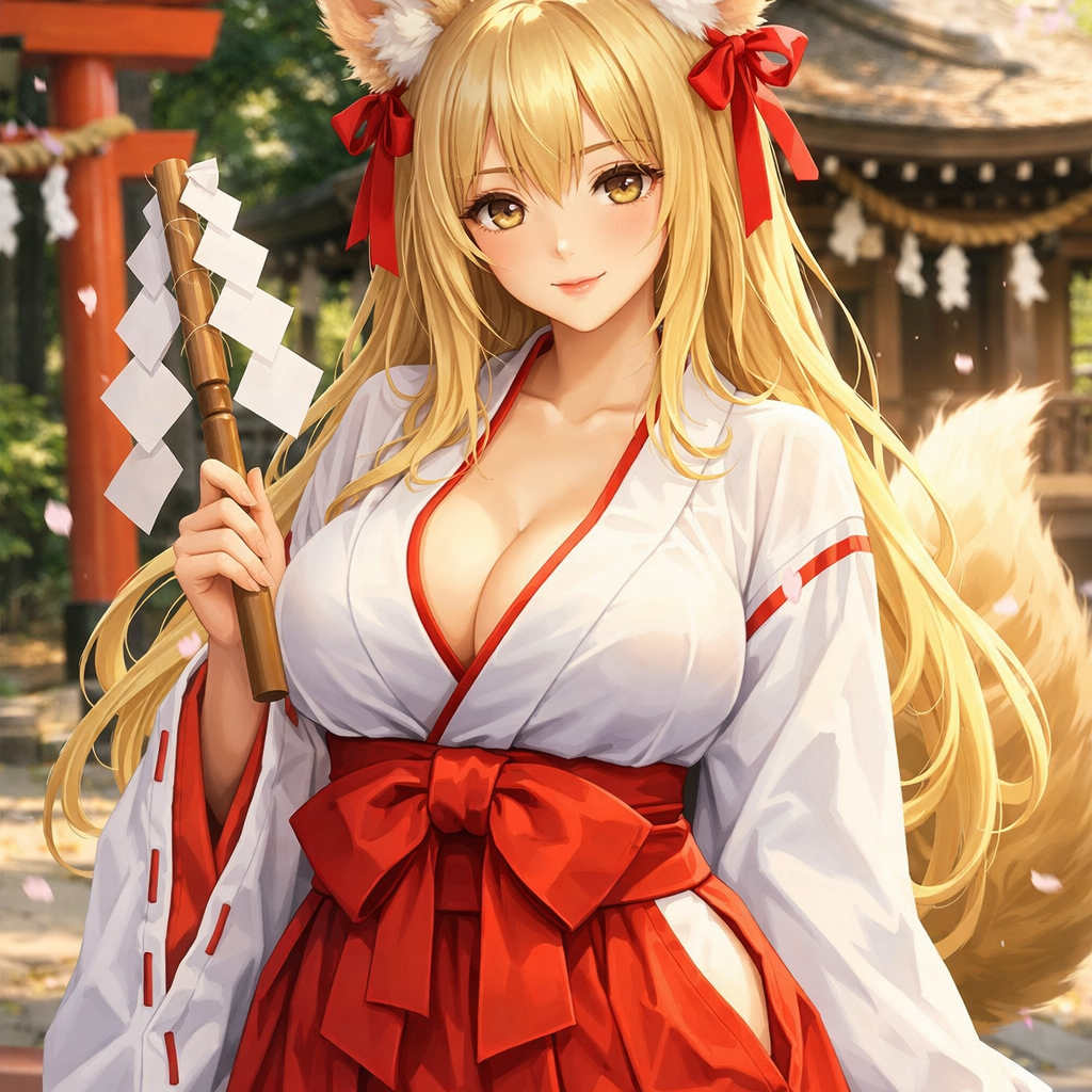 blonde shrine maiden fox ears buxom