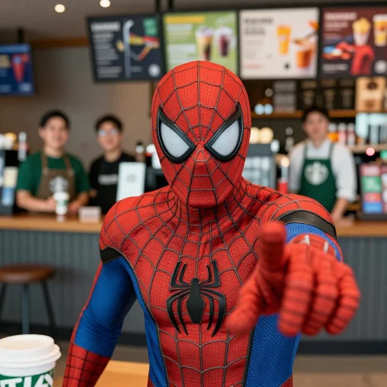 spider man selfie at starbucks baristas smiling