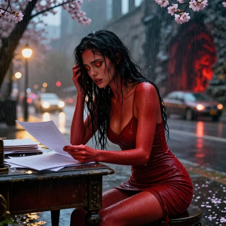 female demon handling documents in hell cave