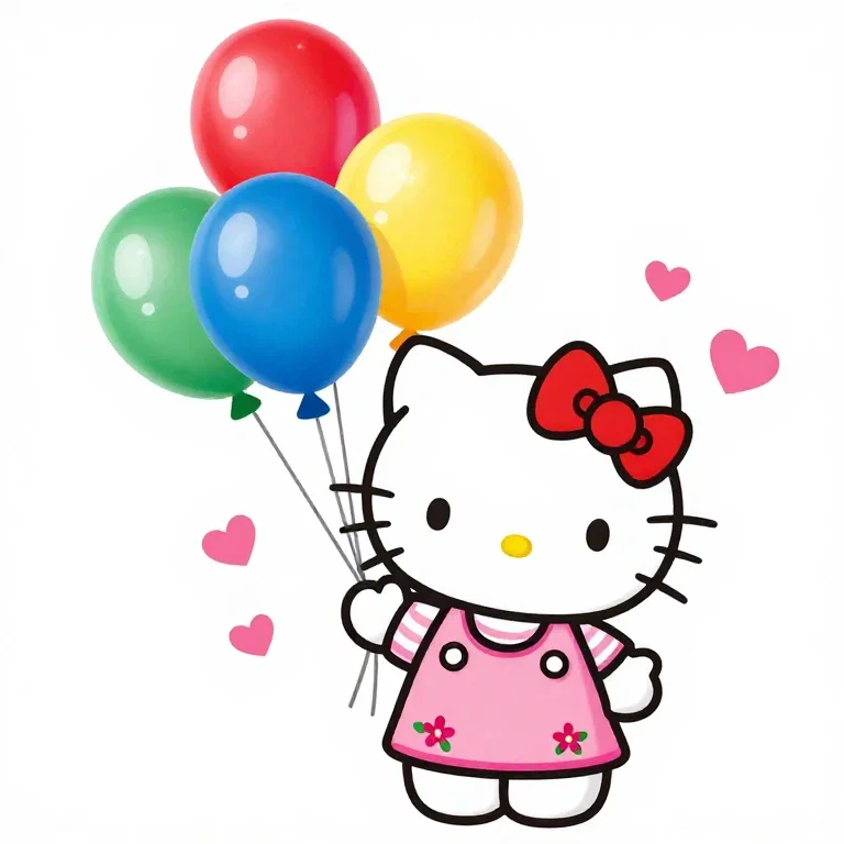 hello kitty with balloons in pink dress