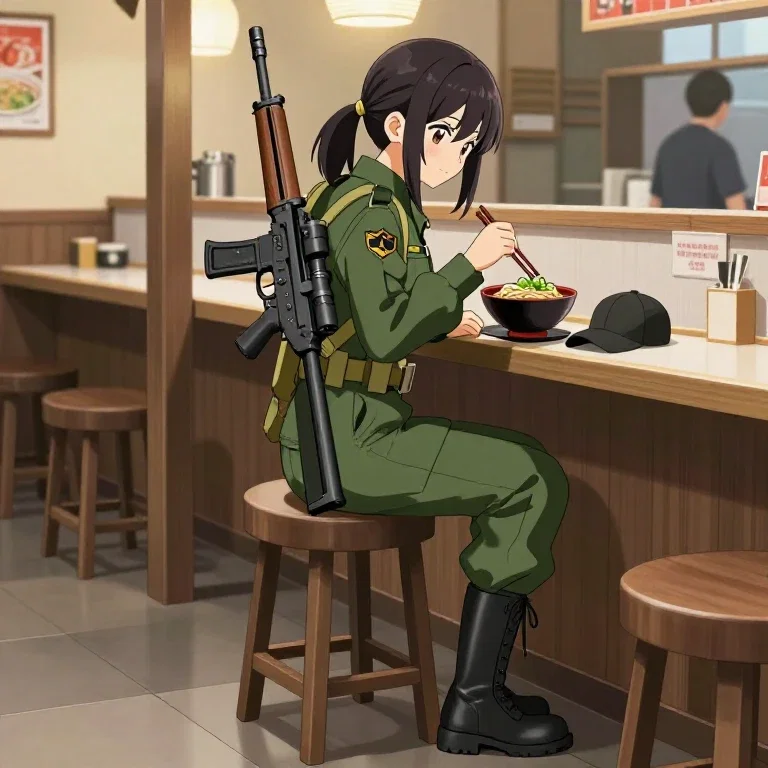 anime girl military outfit eating soba