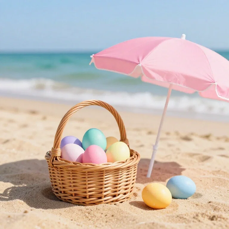 easter beach scene with eggs and umbrella