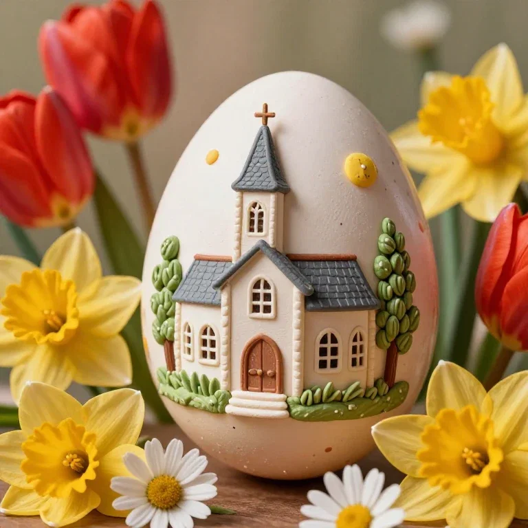 ornate easter egg with carved church