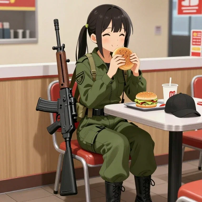 japanese woman military outfit eating hamburger
