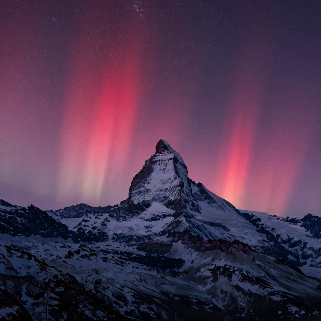 matterhorn mountain under aurora borealis night sky