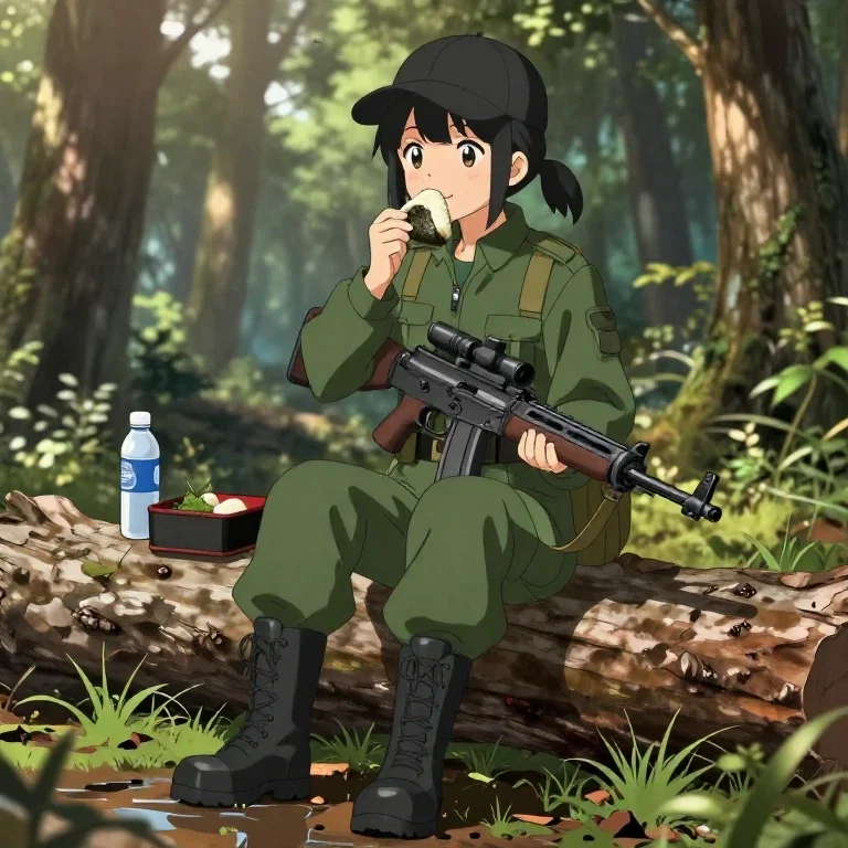 anime girl military outfit forest eating onigiri