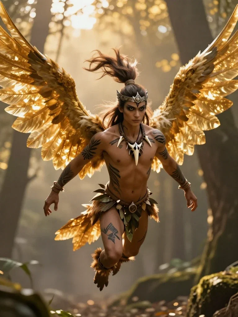 bird warrior golden wings flying forest