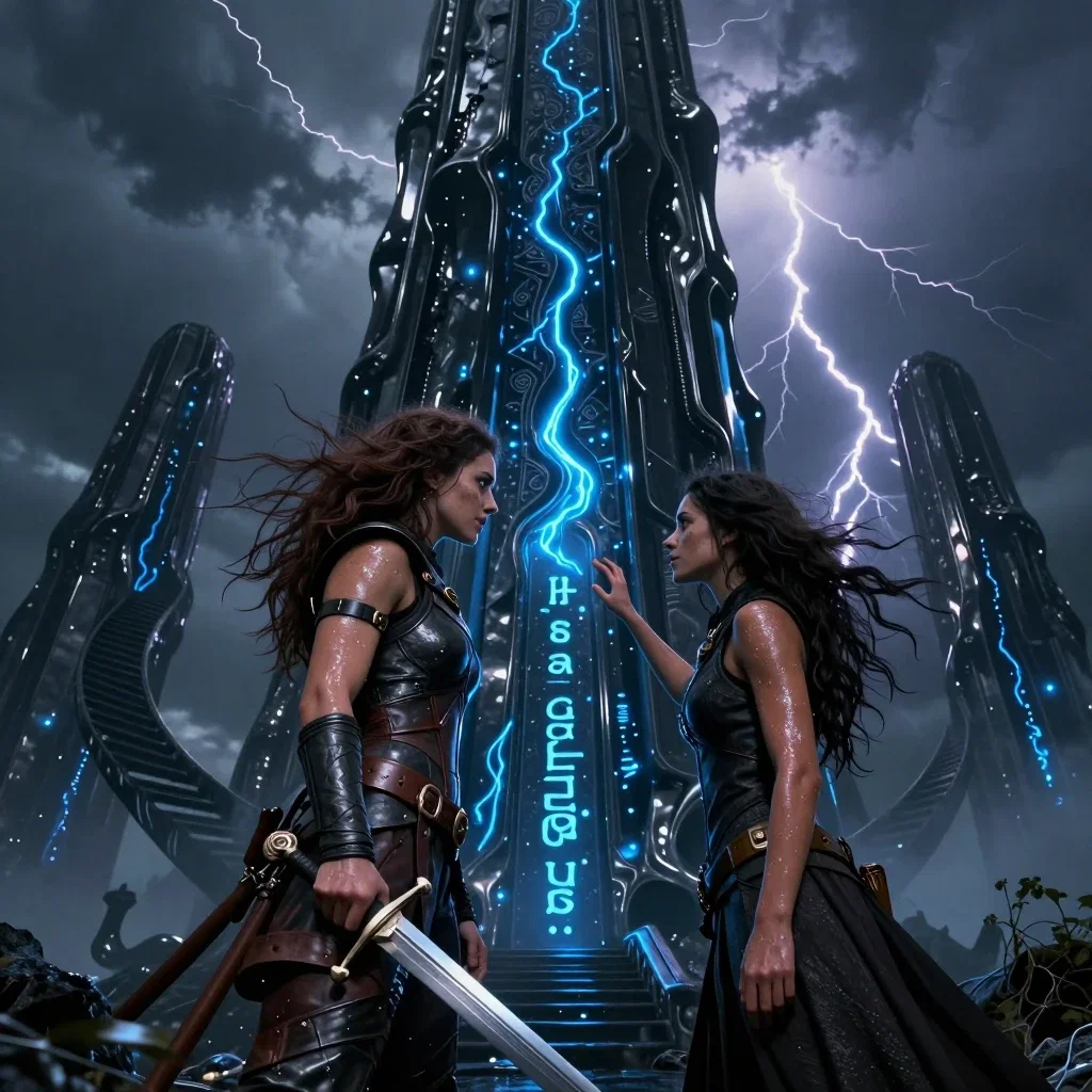 female adventurers awed by otherworldly monolith