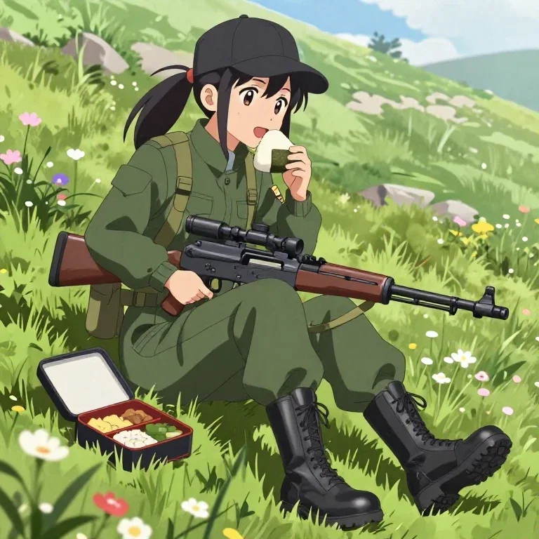 anime girl military outfit eating onigiri mountain slope