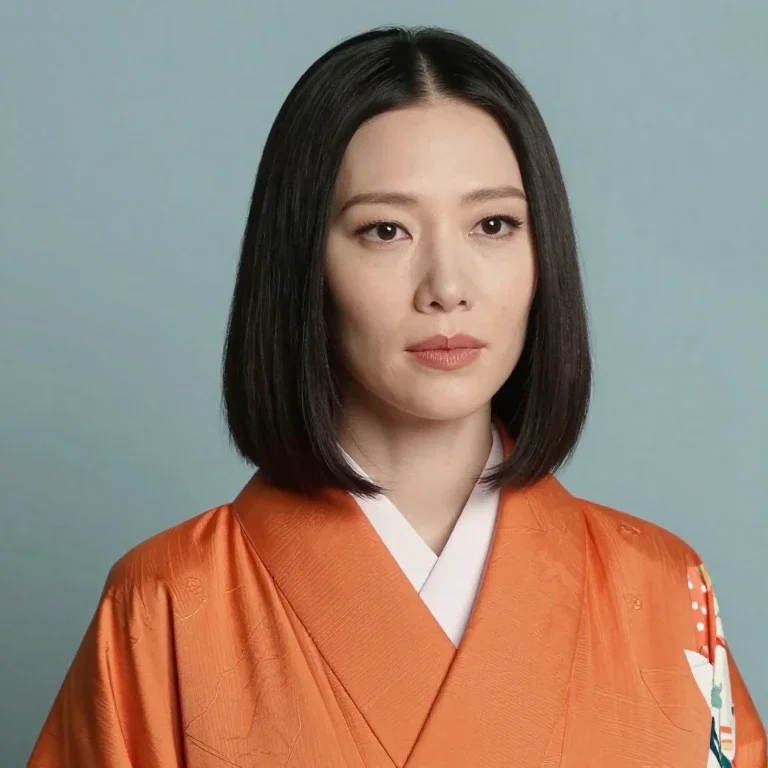 asian cate blanchett orange kimono dark hair