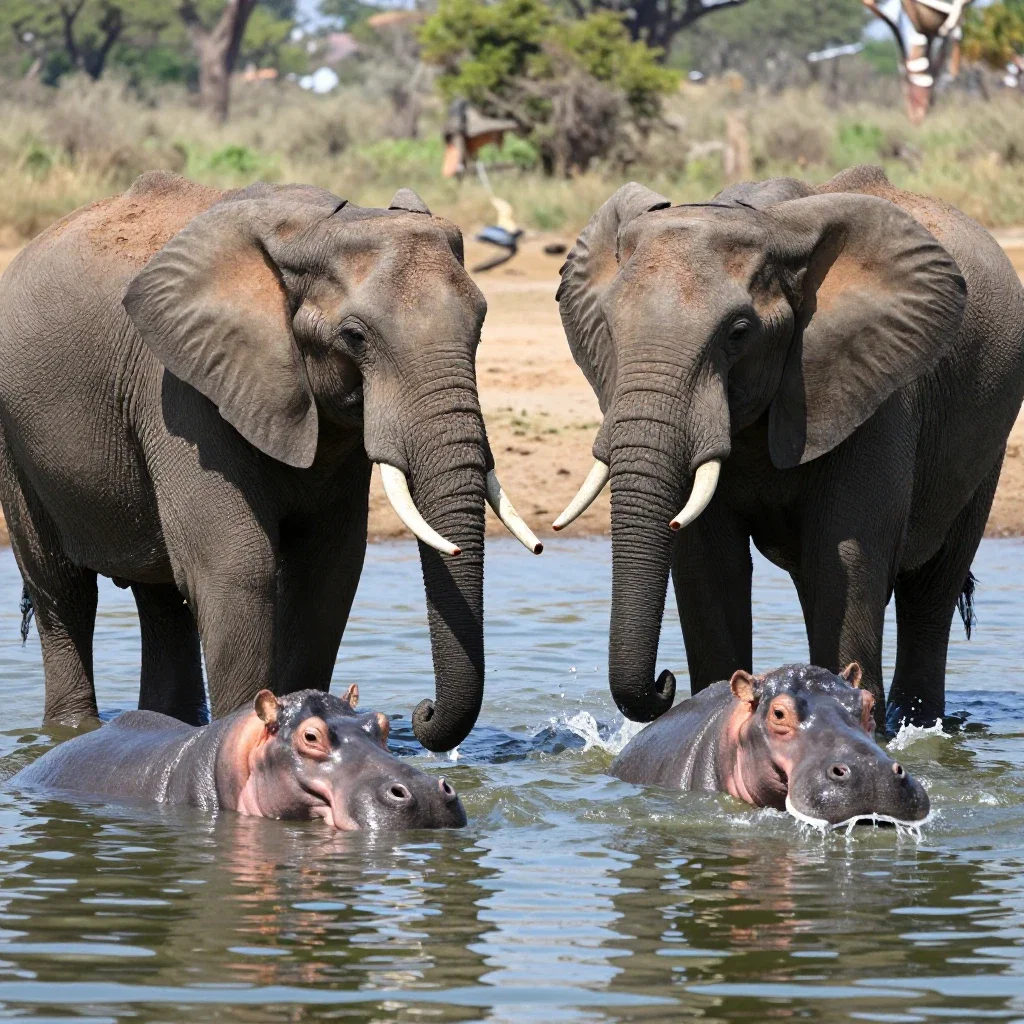 elephants and hippos in water