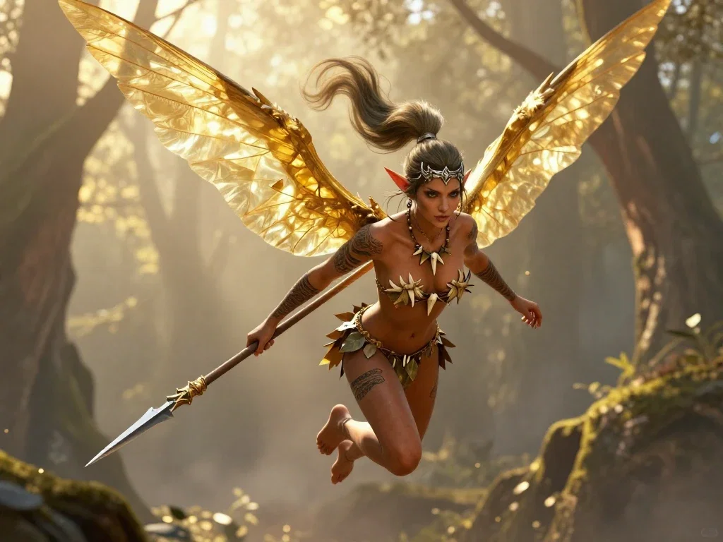 feral elf huntress with golden wings landing in forest