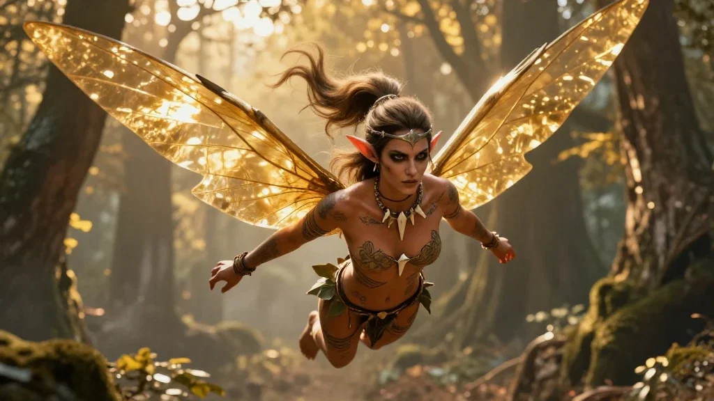 feral elf huntress with golden wings flying