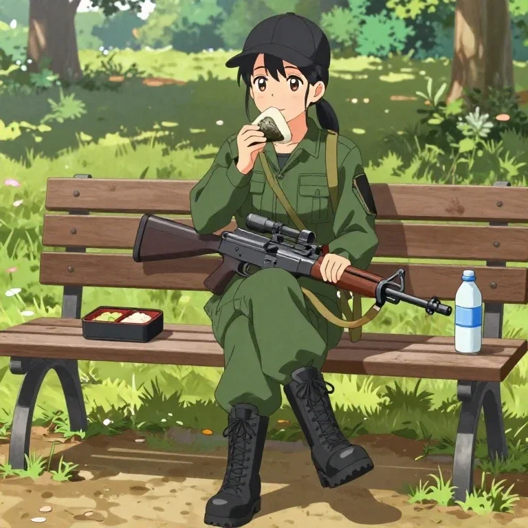 anime girl in military gear eating onigiri in park