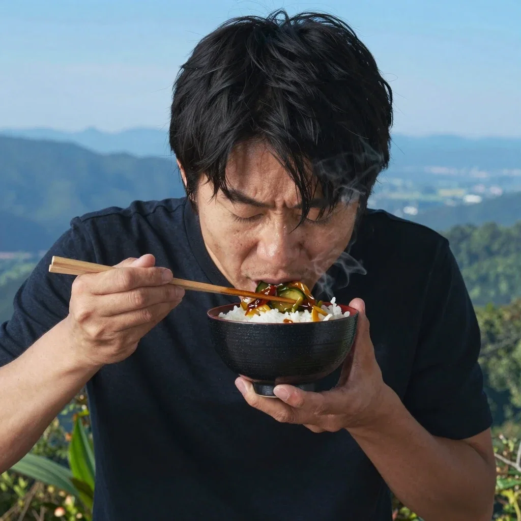 young japanese man eating rice with pickles