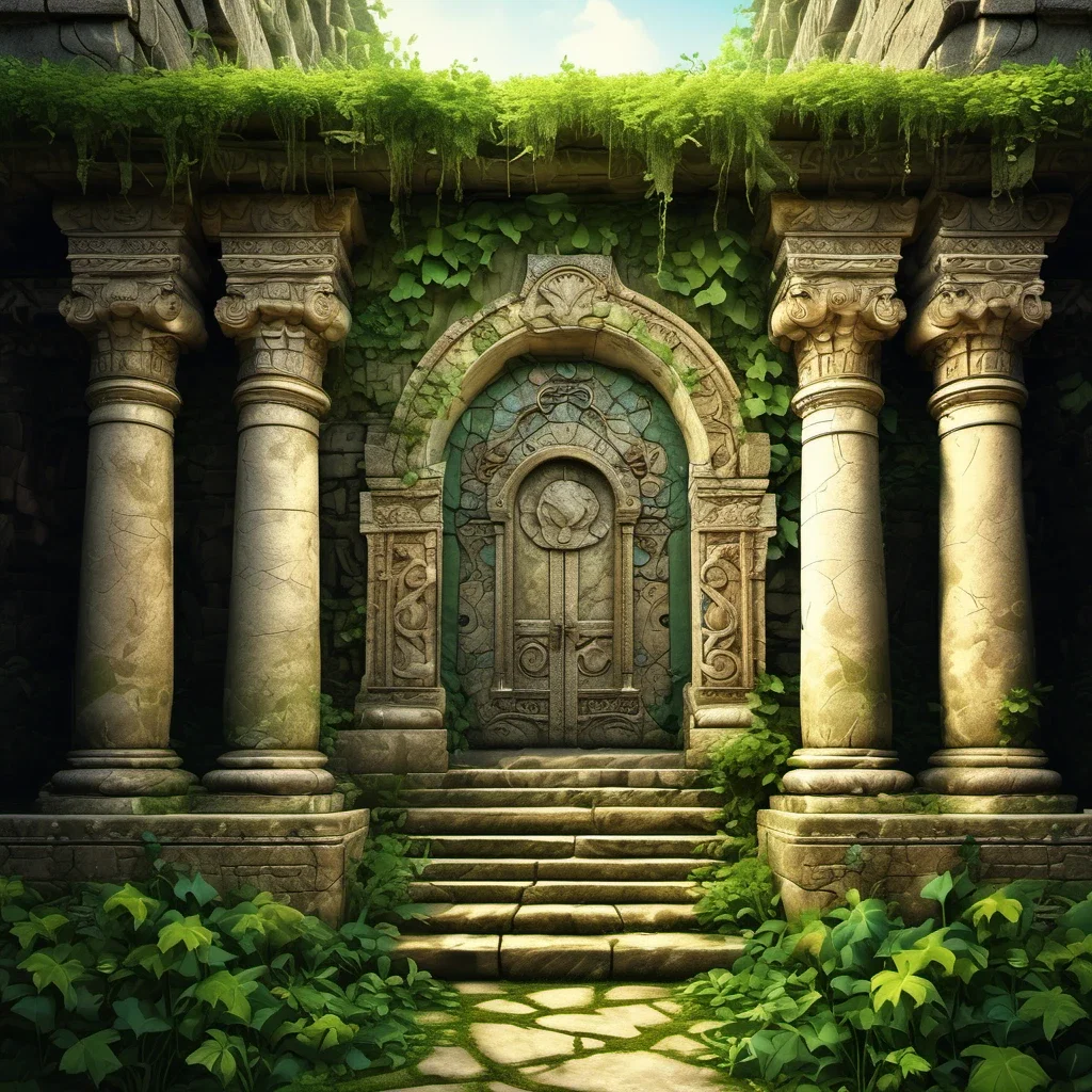 fantasy art stone temple overgrown