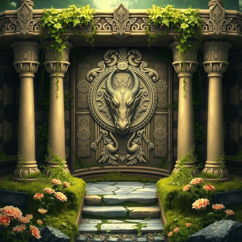 elven temple facade with dragon bas relief
