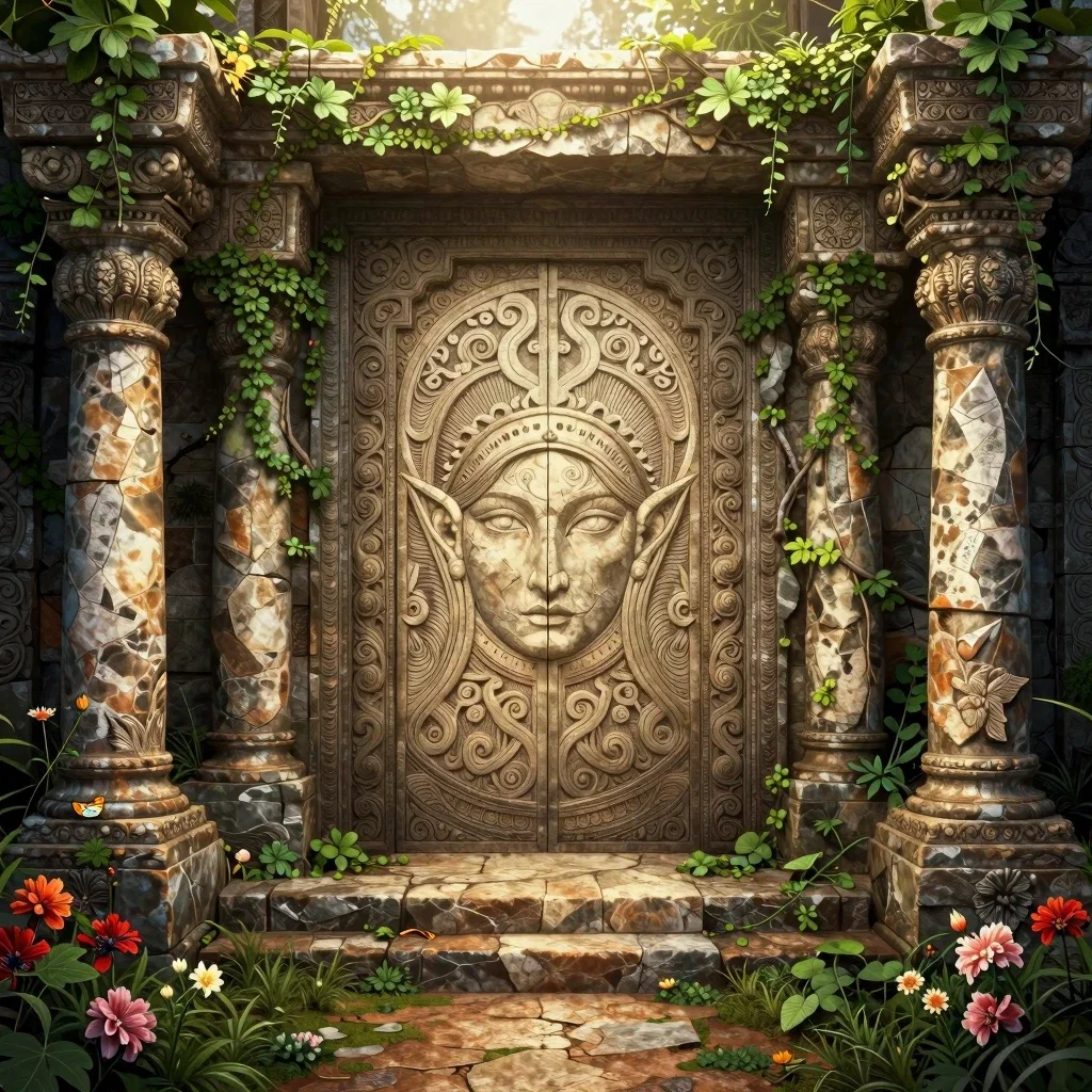 ancient stone temple elf face relief