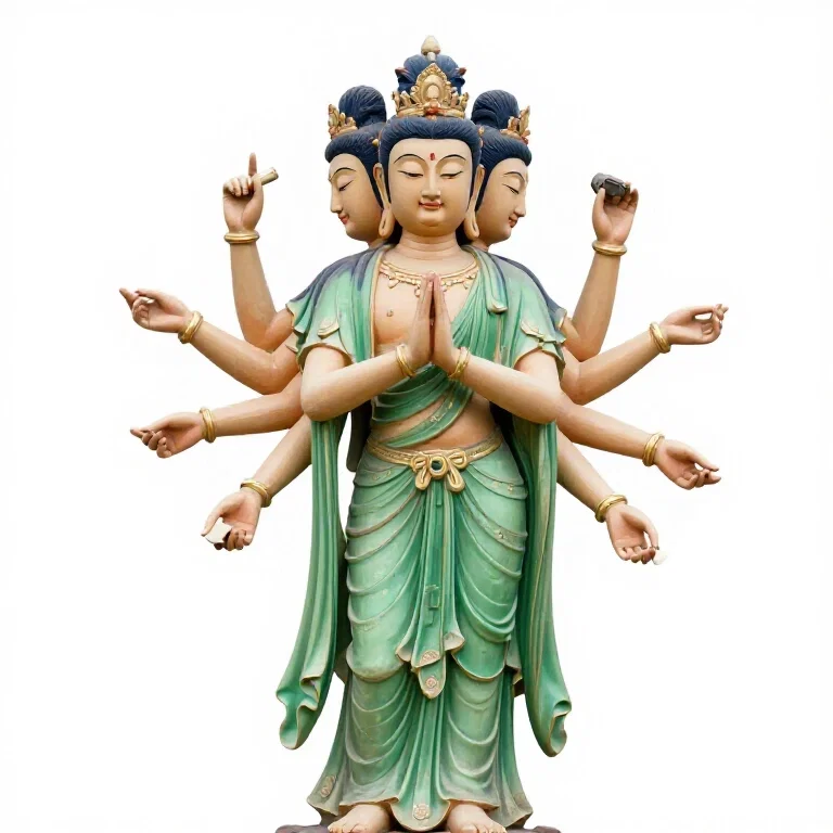 statue of multi armed deity with three heads