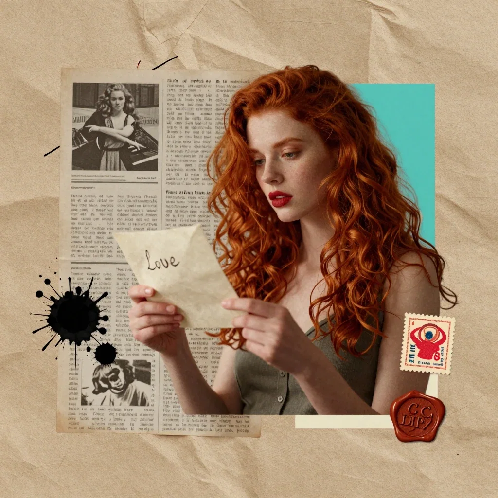 surreal collage redhead reading love letter