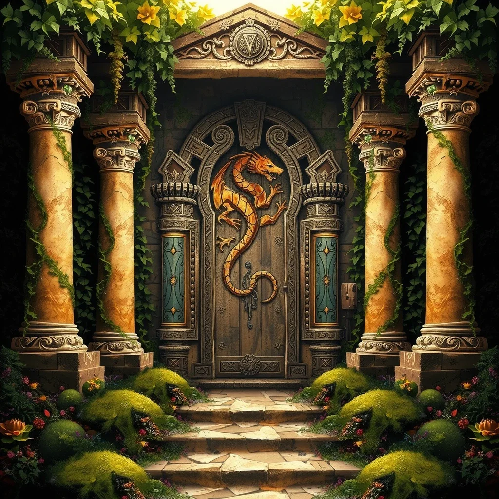ivy covered stone temple entrance