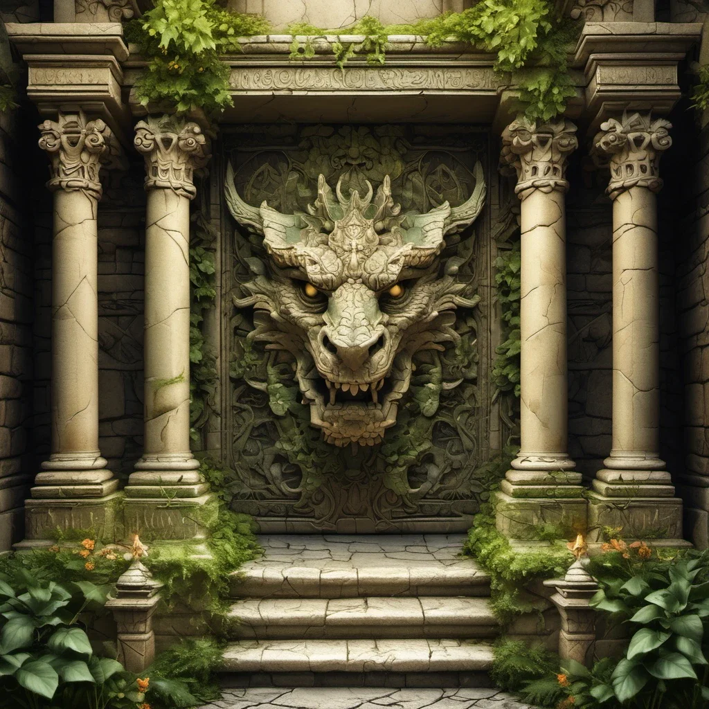 dragon head bas relief carved into stone temple entrance