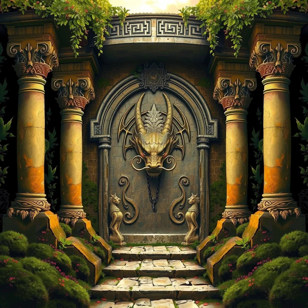 fantasy art ivy covered stone temple entrance