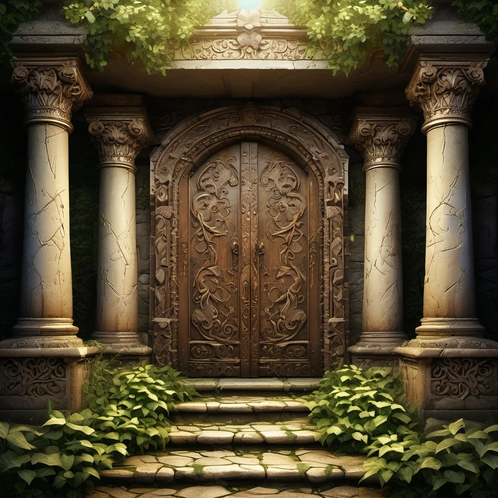ancient elven temple entrance with carving and ivy