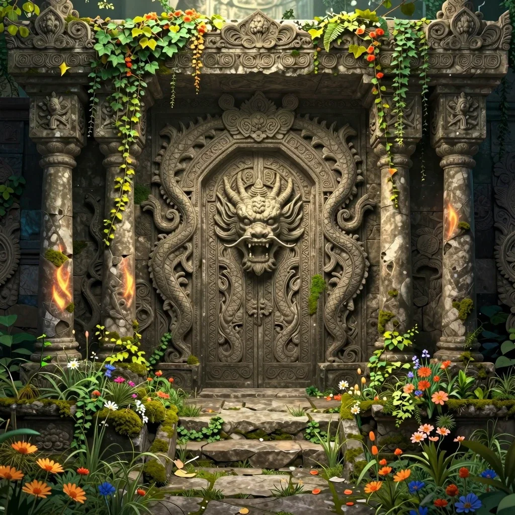 fantasy stone temple entrance overgrown ivy