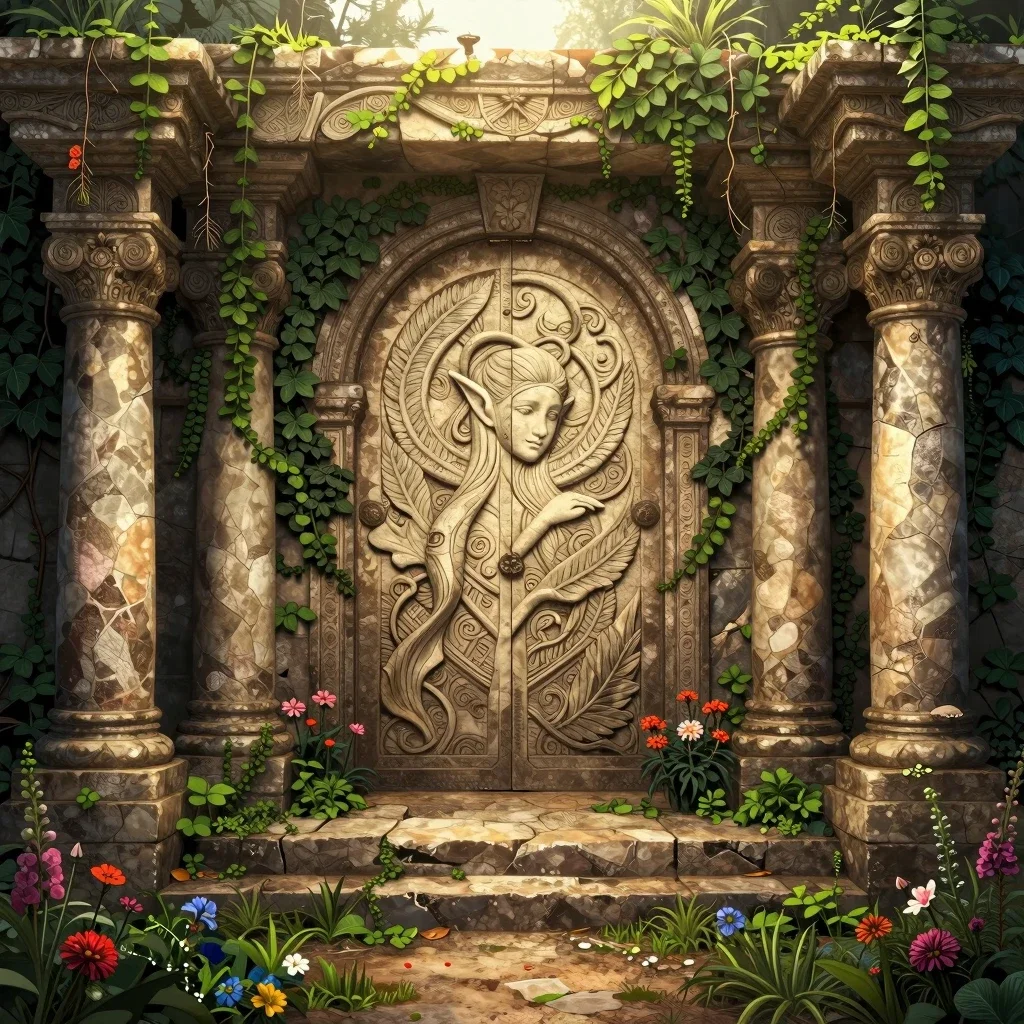 fantasy temple entrance with elf sculpture