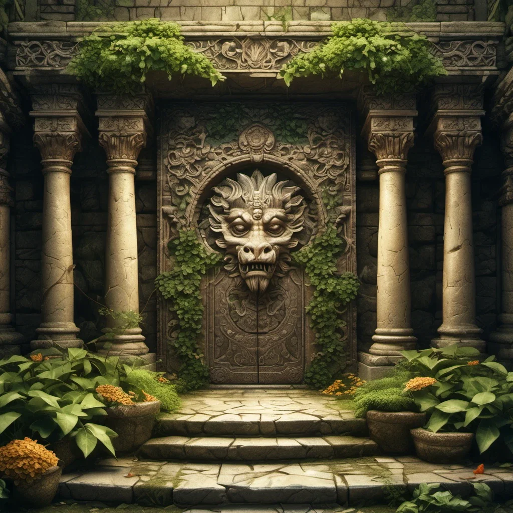 ancient stone temple with dragon head carving