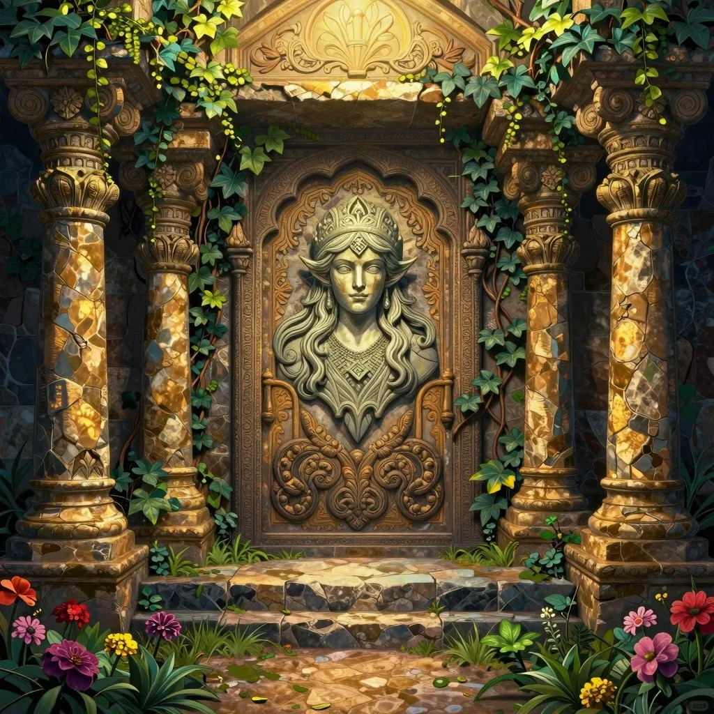 ancient temple entrance with elven woman relief