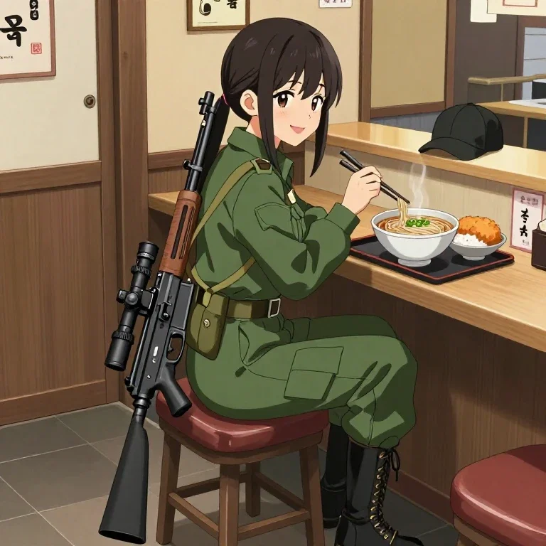 anime girl military outfit eating soba noodles