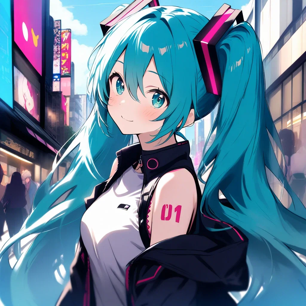 cute beautiful gatsune miku in city