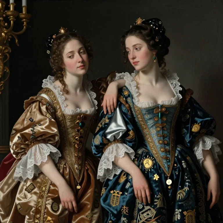 mannerist painting ladyboys revealing attire symbols chamber