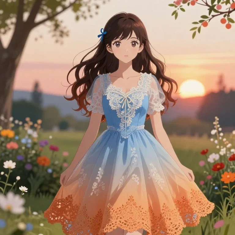 anime girl blue orange lace dress garden sunset