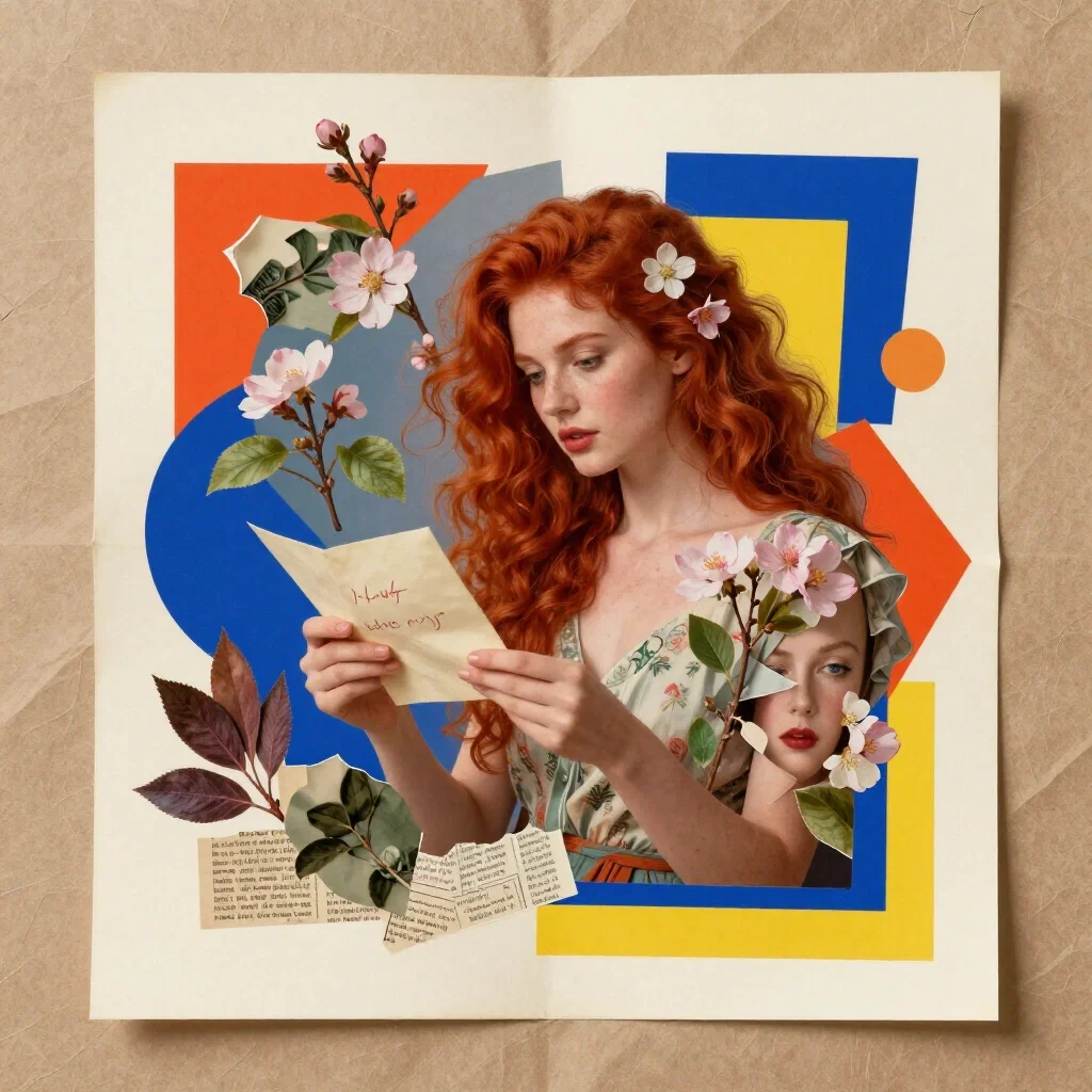 abstract surreal collage art dreamy redhead reading love letter