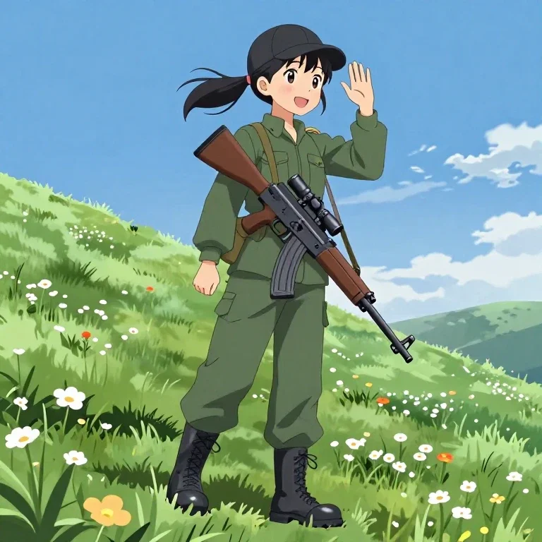 anime girl military outfit rifle mountain slope