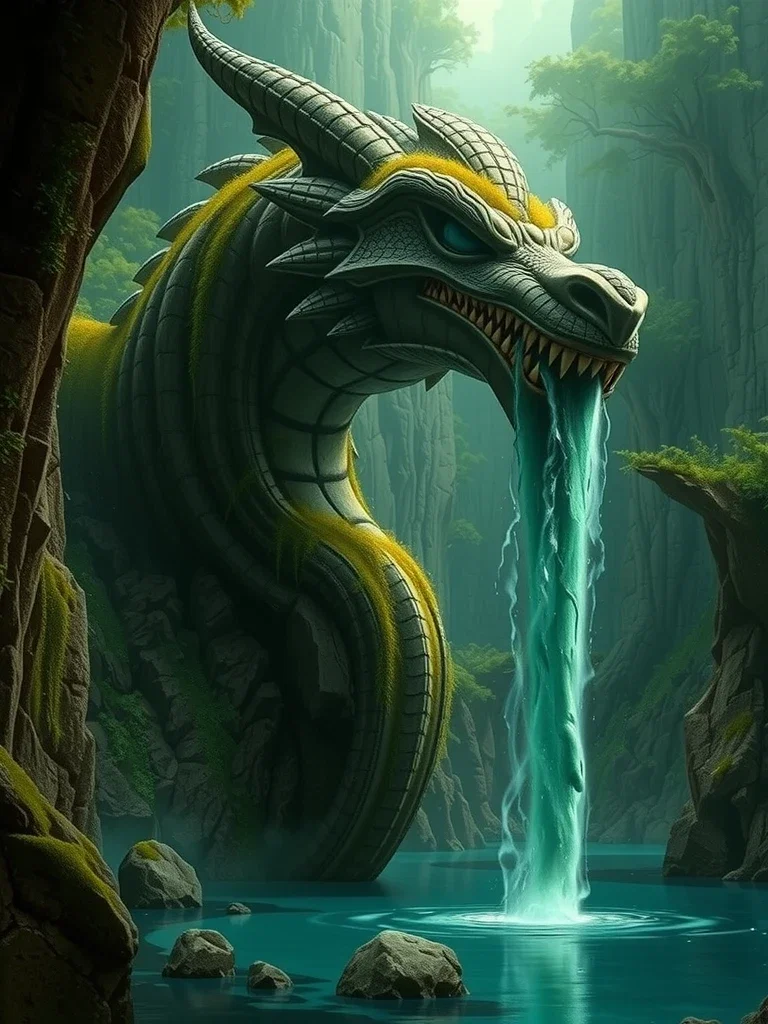 majestic stone dragon head waterfall